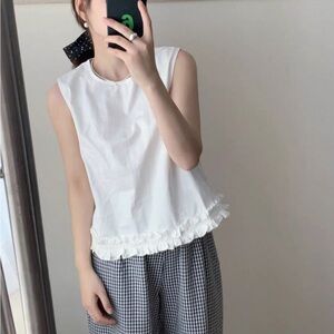 Korean White Sleeveless Ruffle Hem Top